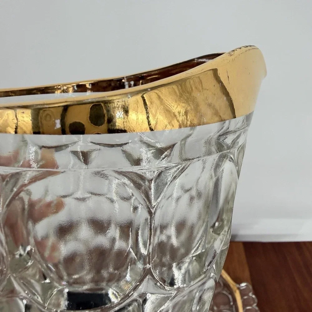 VTG Jeannette Thumbprint Gold Trim Juice Glasses Pitcher Tray Set Mid Century